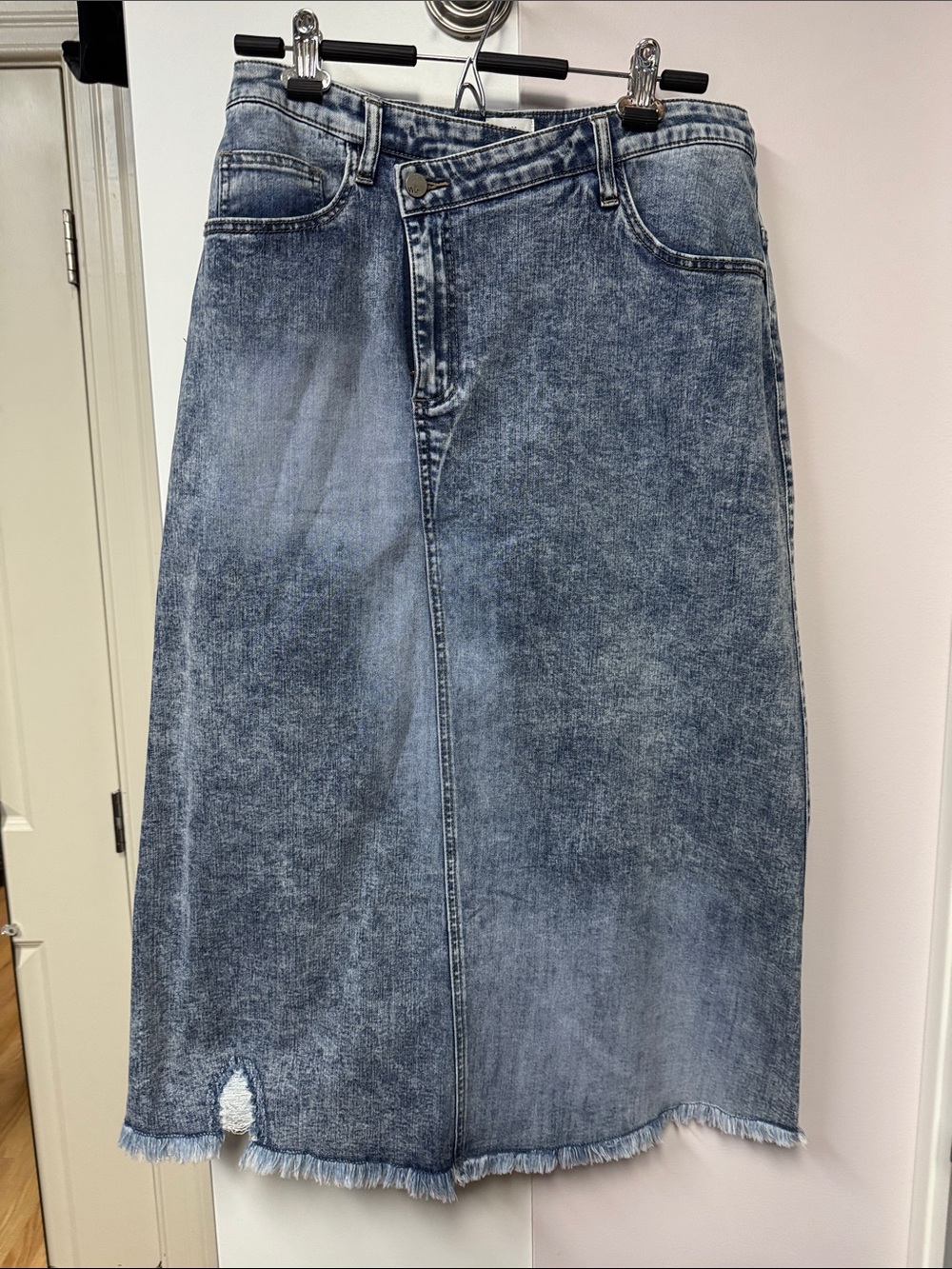WashLab blue Denim Midi Skirt with Frayed Hem, more details, Large